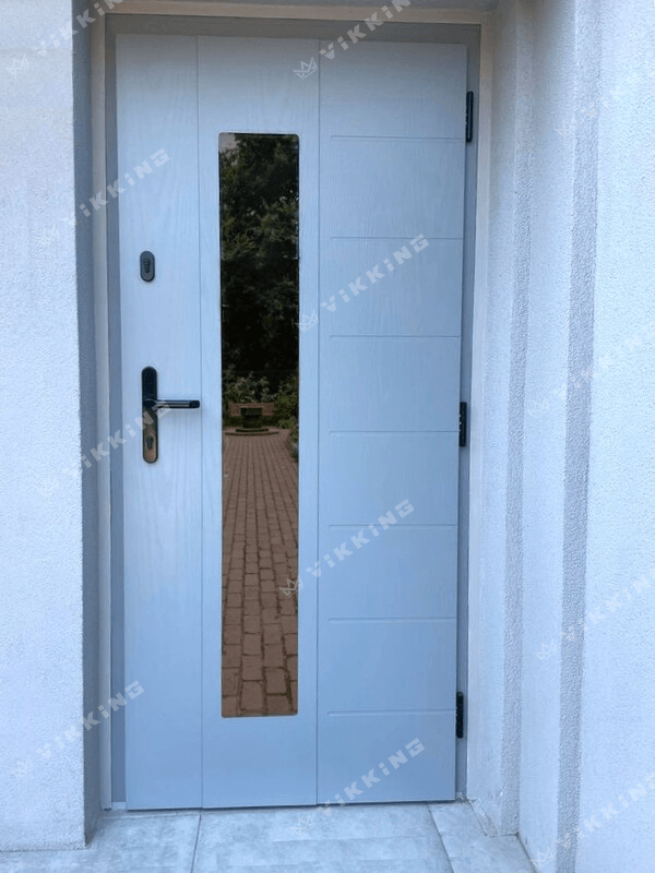 Elegant blue composite door with decorative glass and black handle