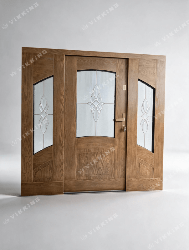 Classic VIKKING composite entry door with dual sidelights, Real Wood timber finish, and hand-crafted stained glass.