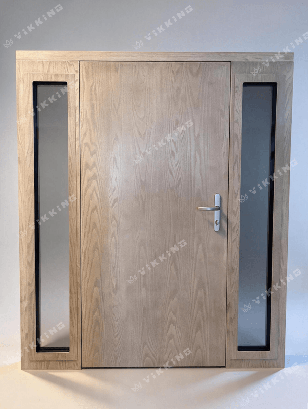 Interior side view of a VIKKING composite front door in light Sand Oak Real Wood finish with double sidelights, digital access panel, and LED threshold lighting.
