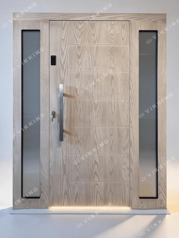 Modern VIKKING composite entrance door in light Sand Oak Real Wood 3D texture featuring double side sidelights, keypad lock, and LED threshold lighting.