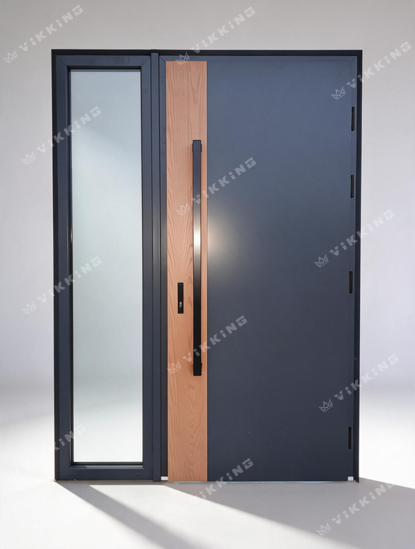 Modern VIKKING composite front door in dark Smooth finish with a vertical Real Wood 3D texture insert and side sidelight