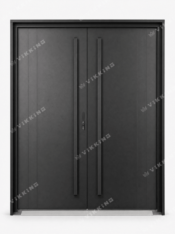 Modern VIKKING double composite front door lacquered in RAL 9005 black featuring long vertical pull handles.