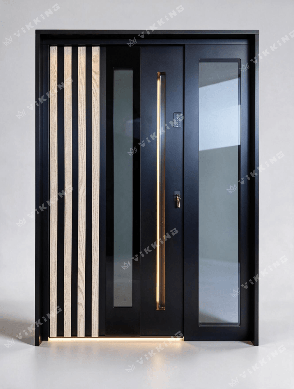 Modern VIKKING composite entry door in matte black smooth finish featuring vertical timber slats, linear LED lighting, and a matching sidelight transom.