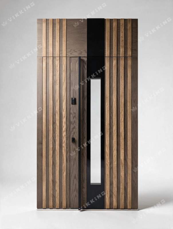 Luxury VIKKING composite entry door with vertical wood slats, black glass insert, and smart digital keypad lock.