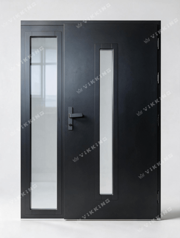 Interior view of a modern VIKKING composite entry door in matte black smooth finish with a narrow vertical glass insert, sidelight, and matching black handle.