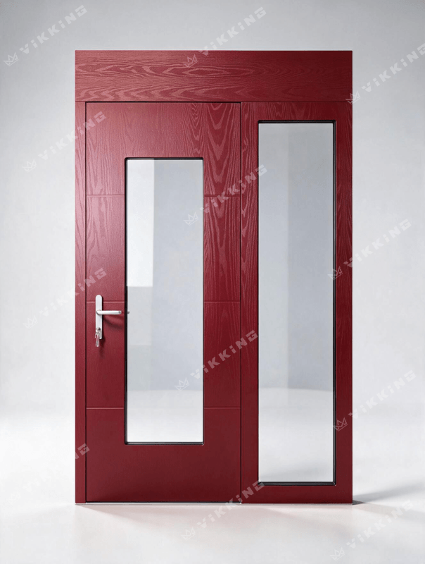 Modern VIKKING composite entry door in deep red timber finish with a matching top transom panel and side glass transom.