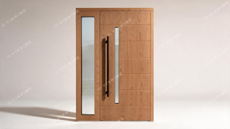 Exterior view of a VIKKING composite entry door featuring Real Wood Malt Oak timber finish, narrow vertical glass insert, side transom, and black pull handle.