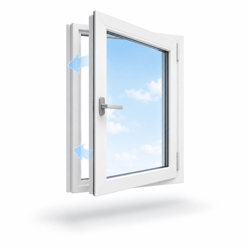 Technical product illustration of a modern European-style PVC tilt-and-turn window with sharp cubic NEO-inspired profile geometry. White window frame, large clear glazing, modern minimal handle. Show the sash in TURN mode, swinging inward approximately 50 degrees on its vertical side hinges.