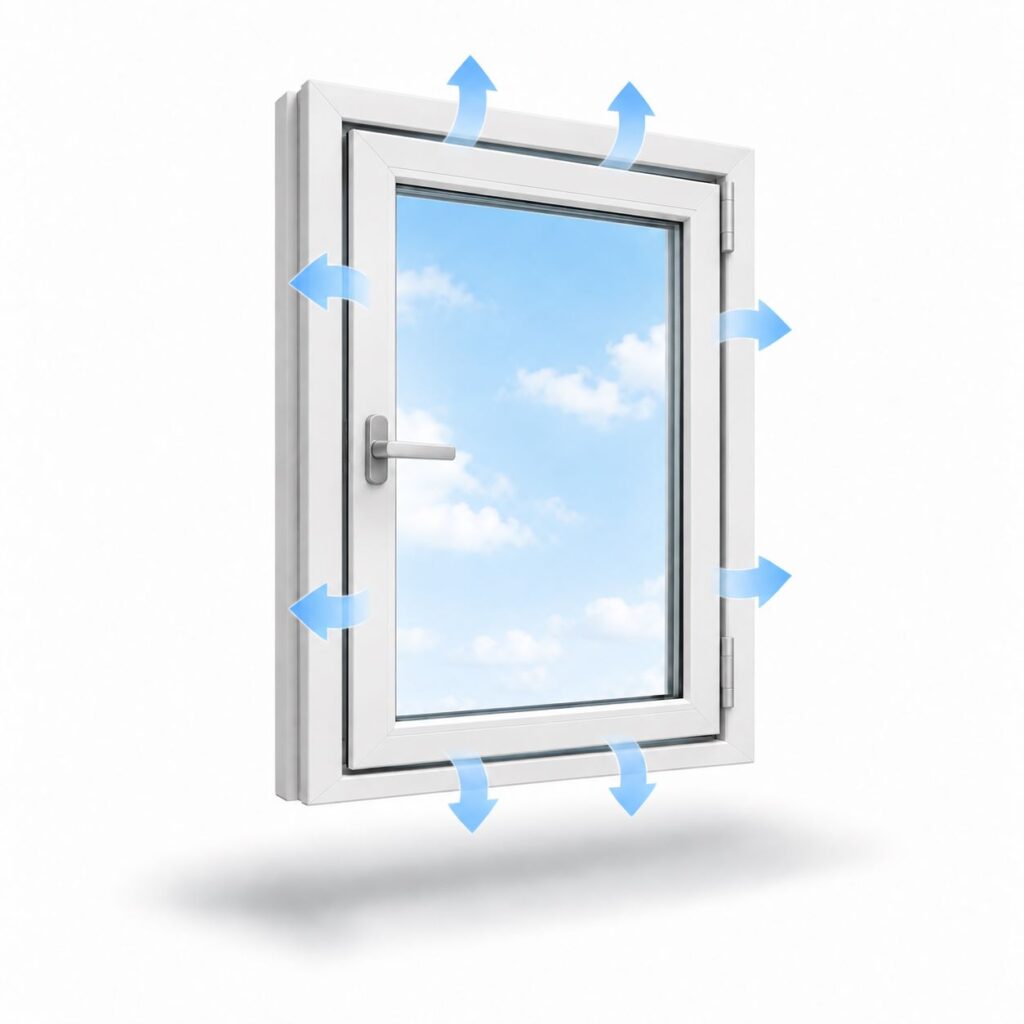 Tchnical product illustration of the exact same modern European-style PVC window, identical NEO-inspired cubic profile geometry, proportions, scale, camera angle and lighting as the previous images. Show the sash in PARALLEL VENTILATION mode. 