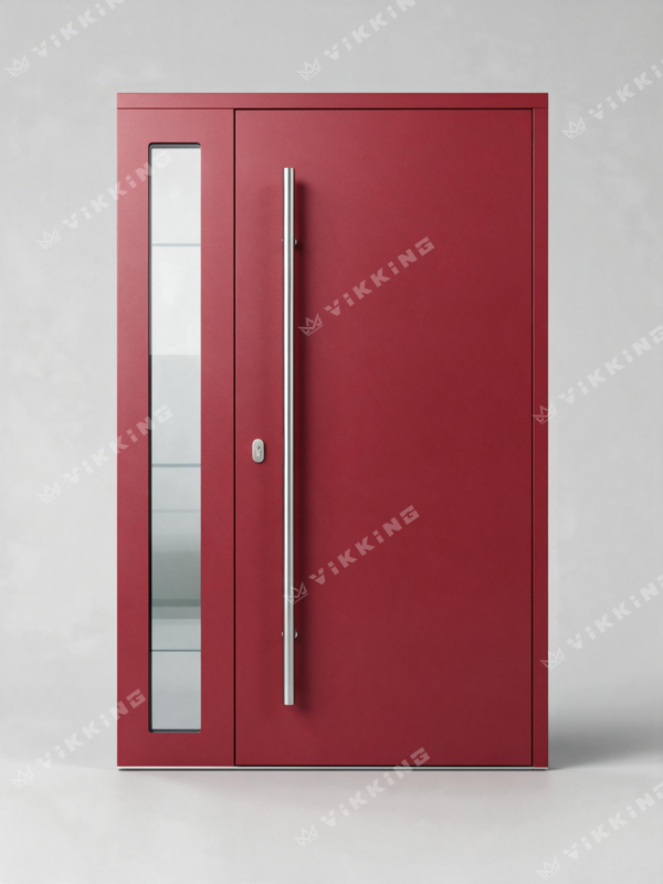 Red lacquered VIKKING composite front door with a narrow glazed sidelight and long stainless steel pull handle.