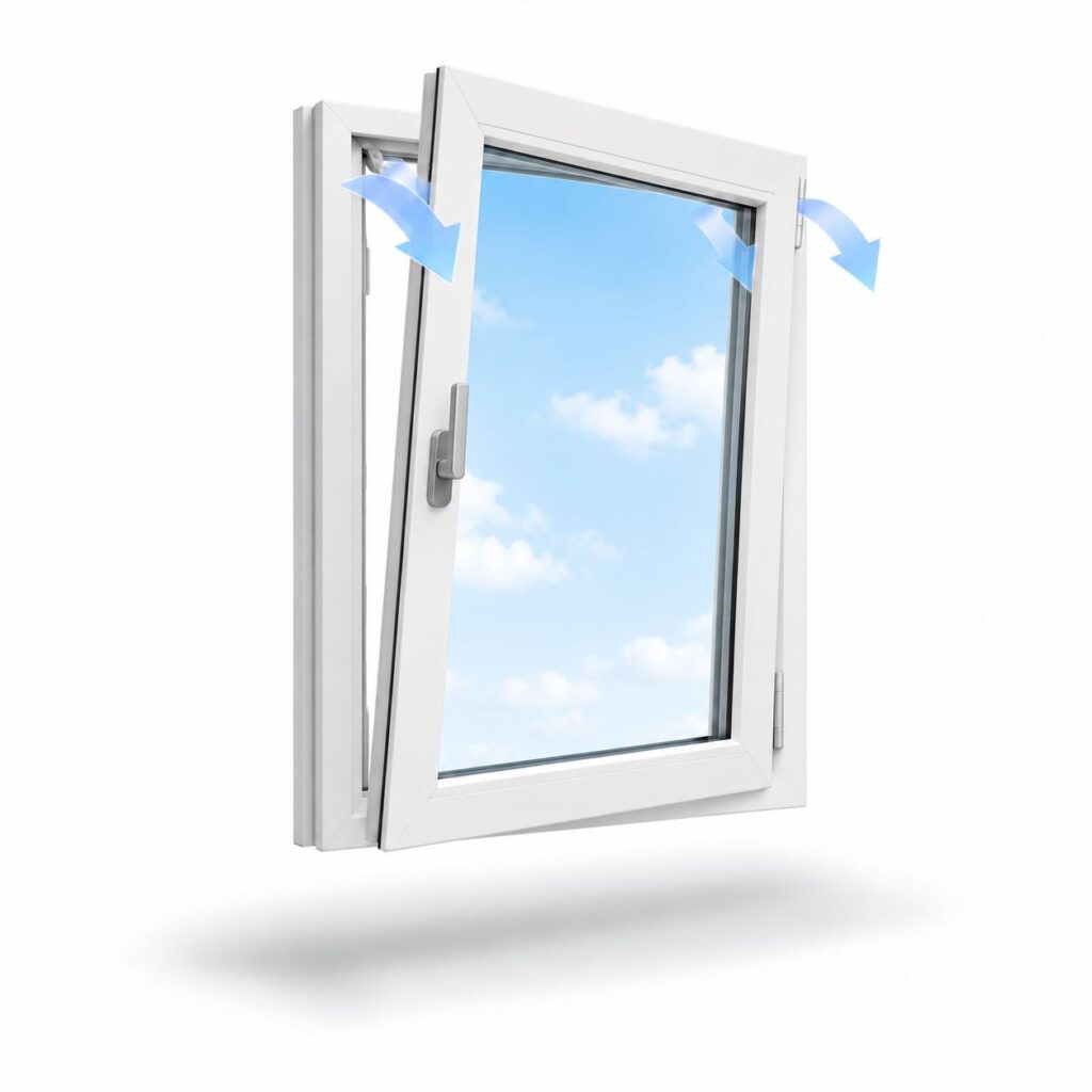 Technical product illustration of the exact same modern European-style PVC window, identical NEO-inspired cubic profile geometry, proportions, scale, camera position and lighting as the TURN image. Show the sash in TILT mode.
