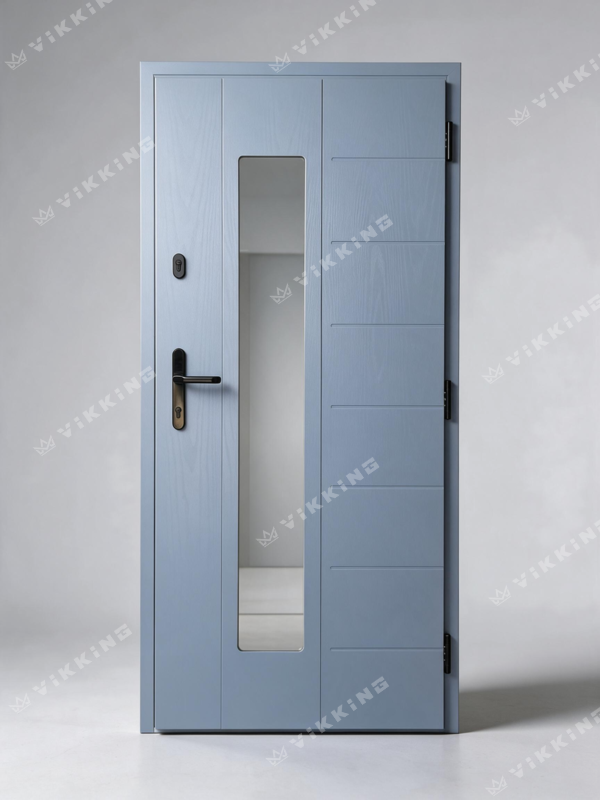 Light blue VIKKING composite front door with a visible wood-effect texture, vertical glazing, horizontal grooves and a dark handle.