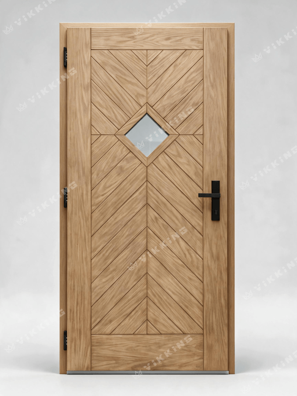 Classic-style VIKKING composite front door with a wood-inspired finish, decorative appliqués, diamond-shaped glazing and a black handle.
