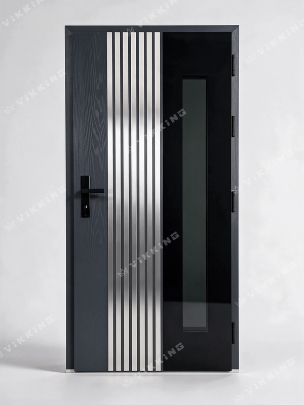 Dark VIKKING composite front door with vertical decorative inlays, Crystal glass applied to the door leaf surface and a Real Wood frame.