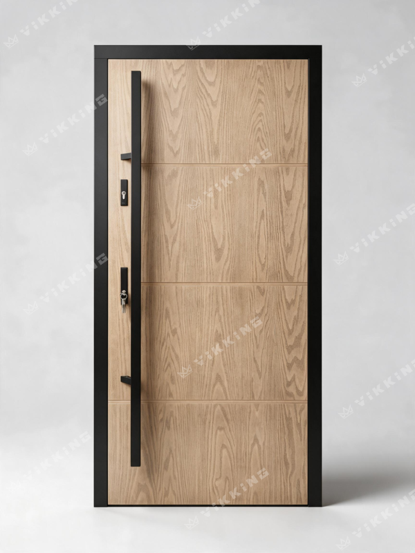 VIKKING composite front door with a light wood-effect finish, long black pull handle and horizontal grooves across the door leaf.