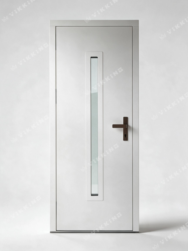 VIKKING composite front door finished in RAL 9016 with narrow vertical glazing, a matching composite glazing frame and dark handle.