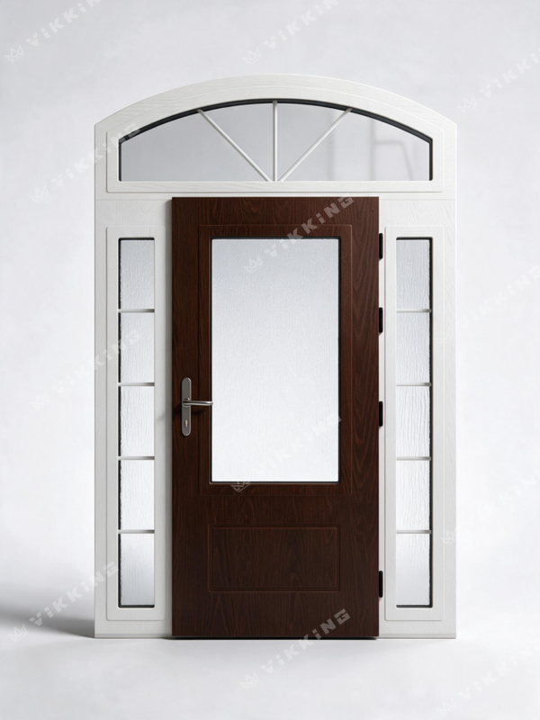 Custom VIKKING composite front door combining two contrasting wood-effect finishes, with sidelights and an arched glazed transom featuring decorative bars.