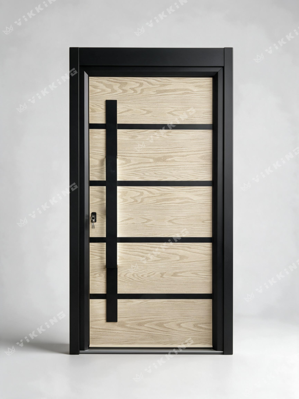 VIKKING composite front door from the VINTAGE collection with a light wood-effect finish, black horizontal details and a long black pull handle.