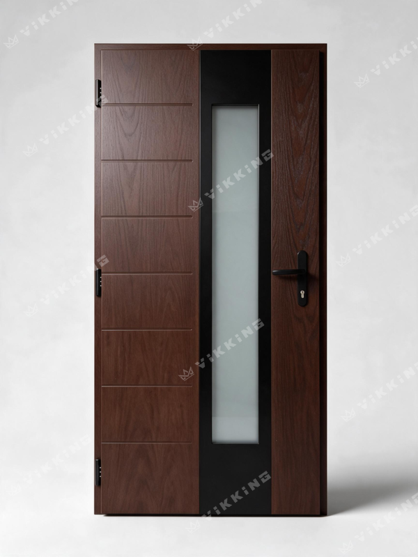 VIKKING composite front door with a dark wood-effect finish, vertical glazing, black panel, horizontal grooves and black handle.