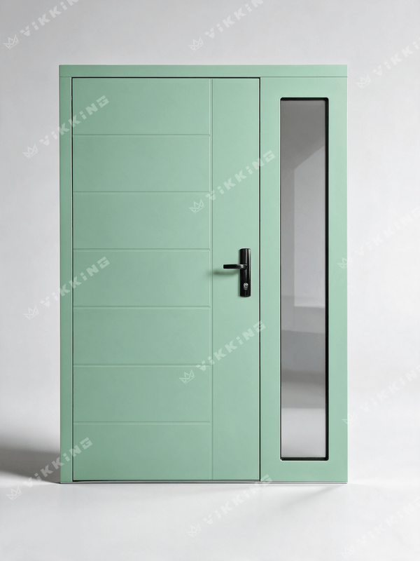 Lacquered VIKKING composite front door in RAL 6021 pale green with horizontal grooves, a dark handle and tall sidelight.