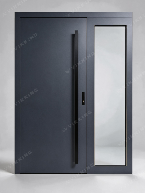 Dark VIKKING ULTIMATE composite front door with a long black pull handle, composite frame and large glazed sidelight.