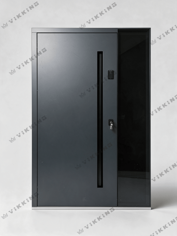 Dark VIKKING ULTIMATE composite entrance door with a sidelight, recessed pull handle and Sorex access keypad.
