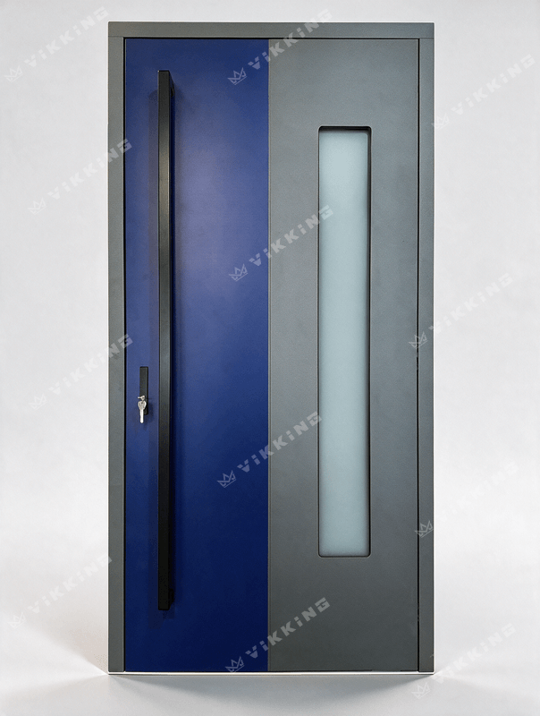 Two-tone VIKKING ULTIMATE composite front door with a blue and dark grey lacquered leaf, vertical glazing and a long black pull handle.